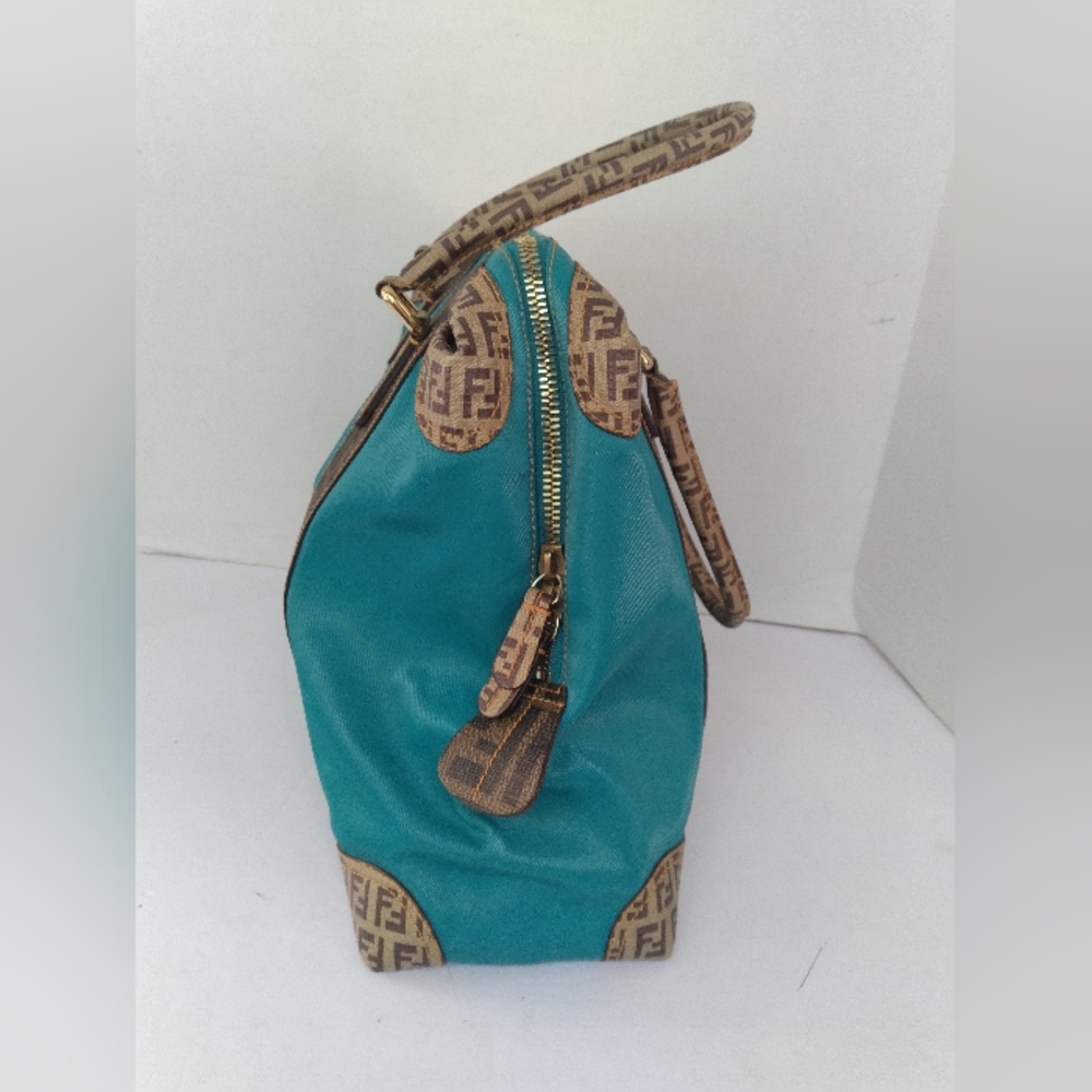 Fendi Zucca Monogram Turquoise Canvas Leather Tote Bag Handbag Gold Hardware - Picture 2 of 4